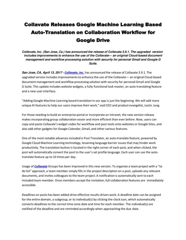 Collavate Releases Google Machine Learning Based Auto-Translation on Collaboration Workflow for Google Drive
