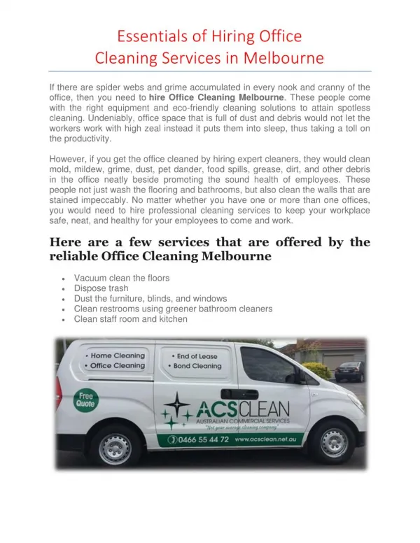 Essentials of Hiring Office Cleaning Services in Melbourne