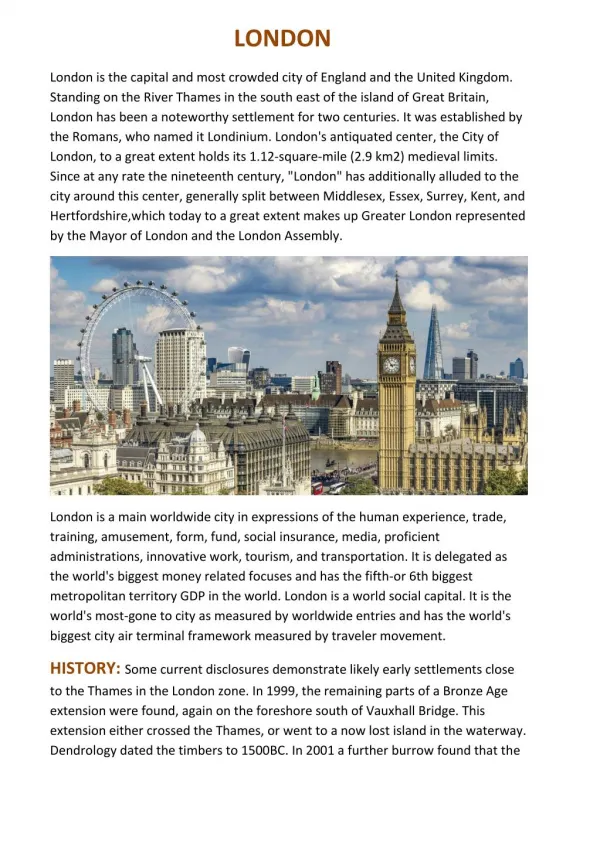 London's History,Climate,Religion, governance, Economy,Education,Transport and Culture