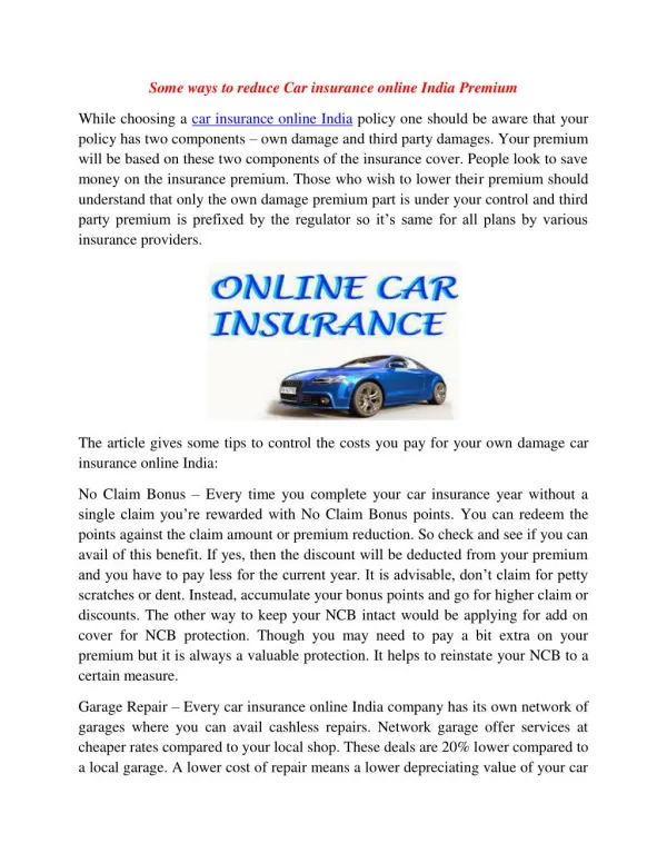 Some Ways to Reduce Car Insurance Online India Premium