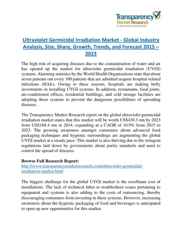 Ultraviolet Germicidal Irradiation Market will rise to US$ 430.3 Million by 2023
