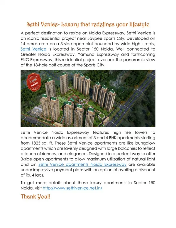 Get Heavenly Homes at Sethi Venice Noida Expressway