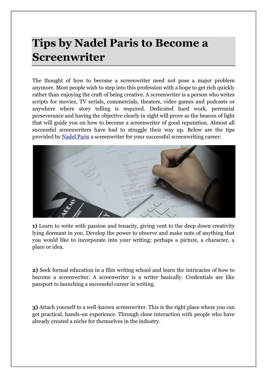 tips by nadel paris to become a screenwriter
