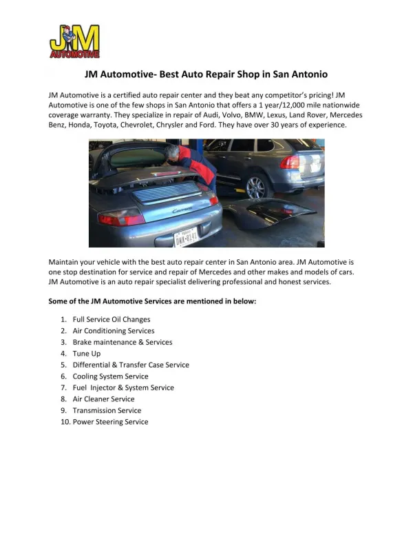 Certified Auto Repair and Service Center in San Antonio