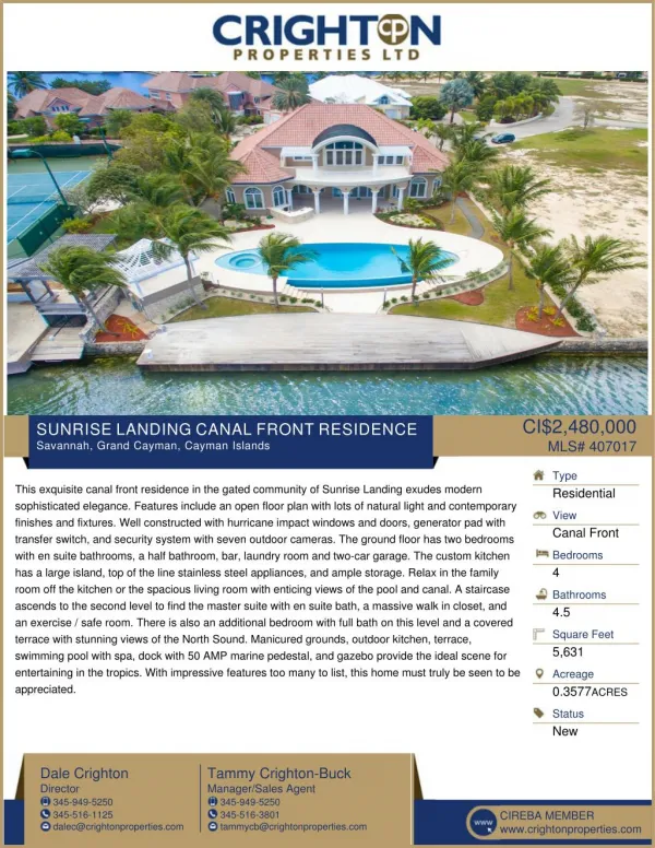 Sunrise Landing Canal Front Residence For Sale - Crighton Properties