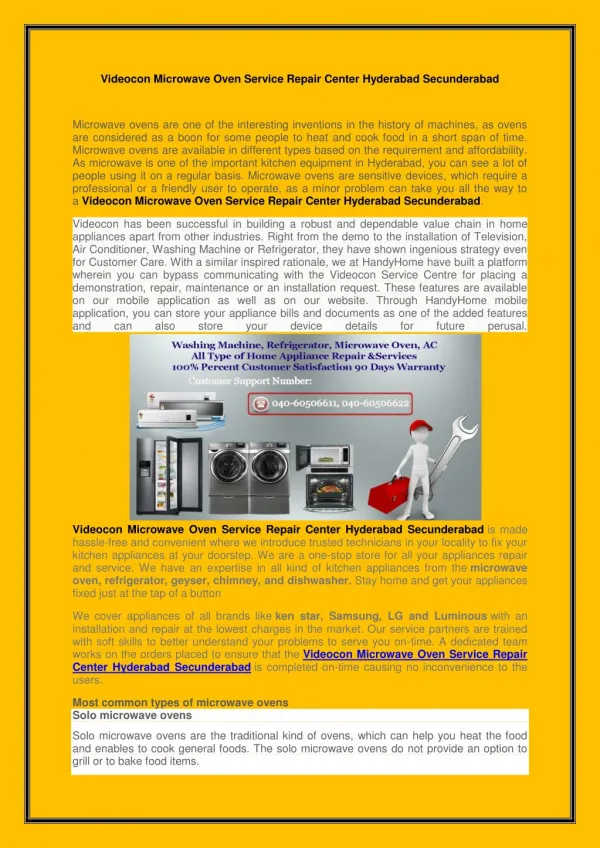 Videocon Microwave Oven Service Repair Center Hyderabad Secunderabad