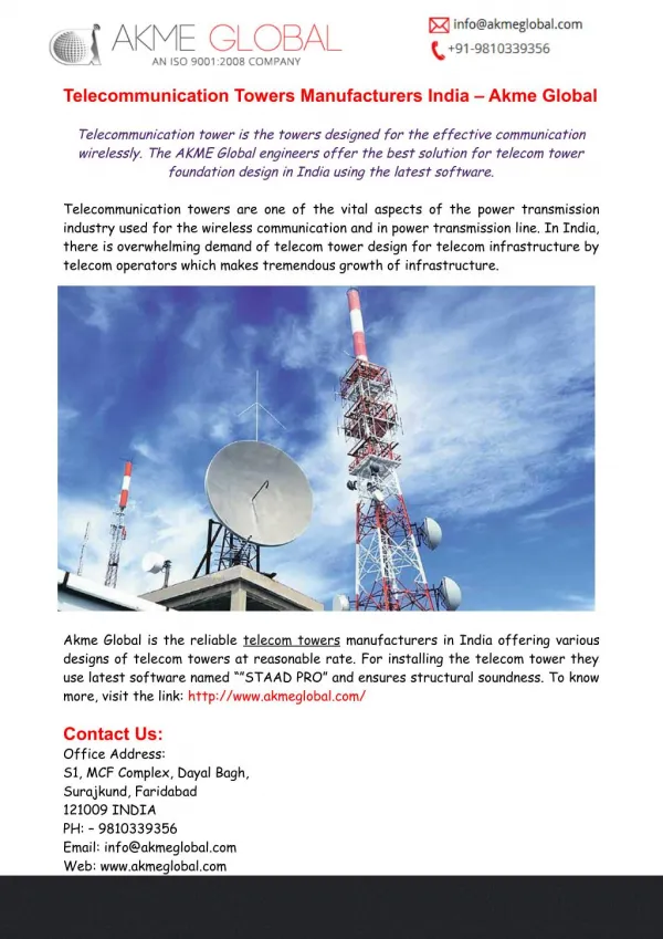 Telecommunication Towers Manufacturers India - Akme Global
