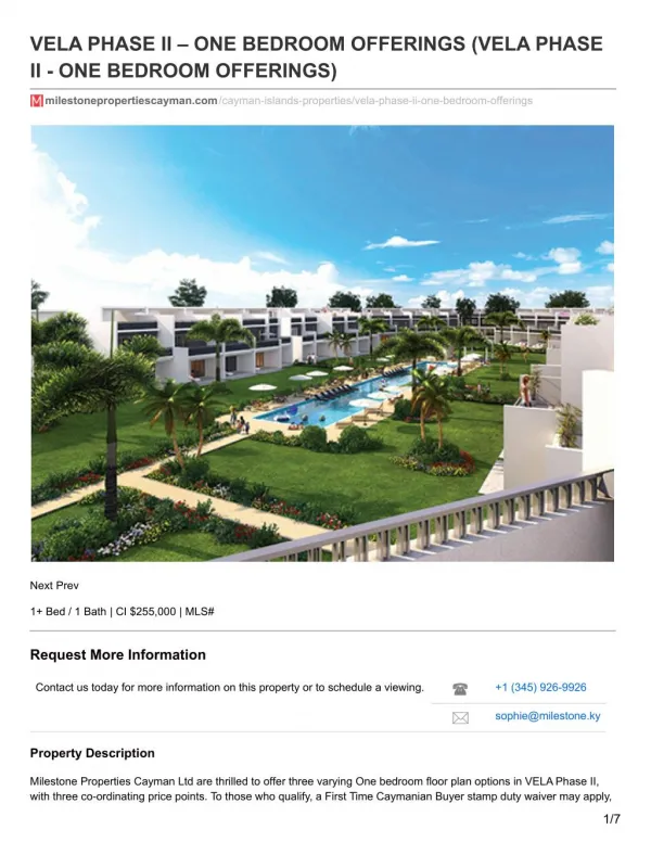 Vela Phase || - One Bedroom Offerings - Milestone Properties Cayman Ltd