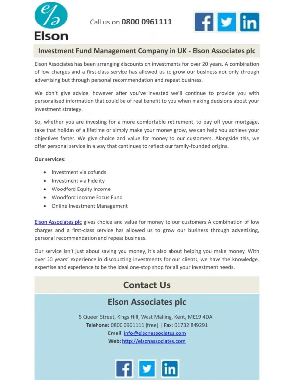 Investment Fund Management Company in UK - Elson Associates plc