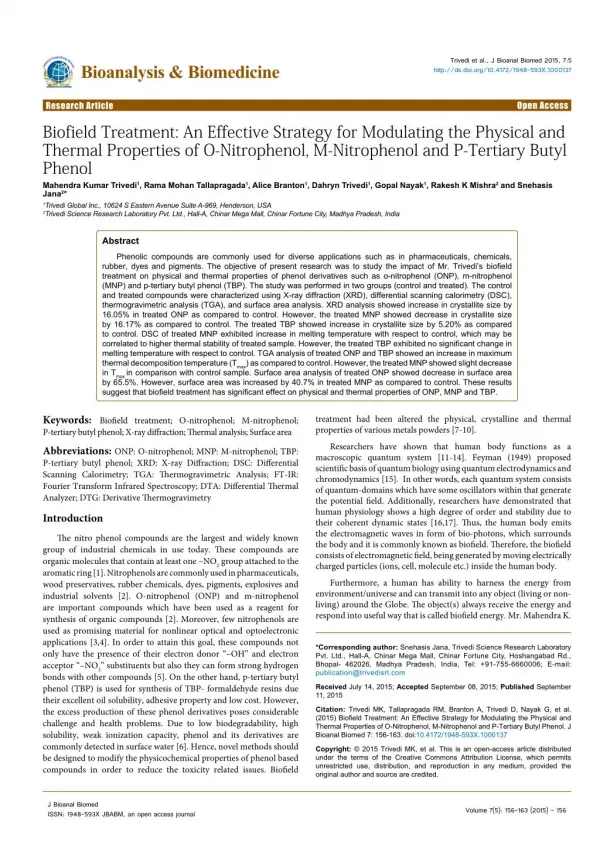 Biofield Treatment: An Effective Strategy for Modulating the Physical and Thermal Properties of O-Nitrophenol, M-Nitroph