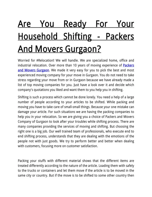 Are You Ready For Your Household Shifting - Packers And Movers Gurgaon?