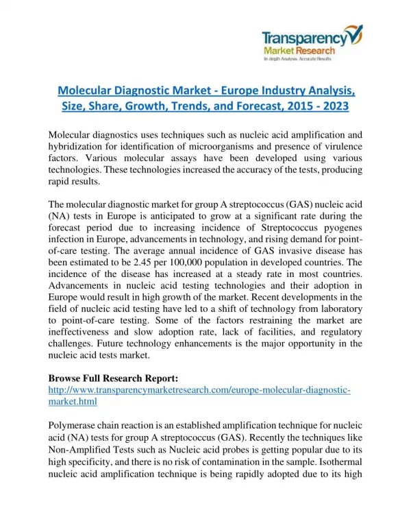 Molecular Diagnostic Market Research Report by Geographical Analysis and Forecast to 2023