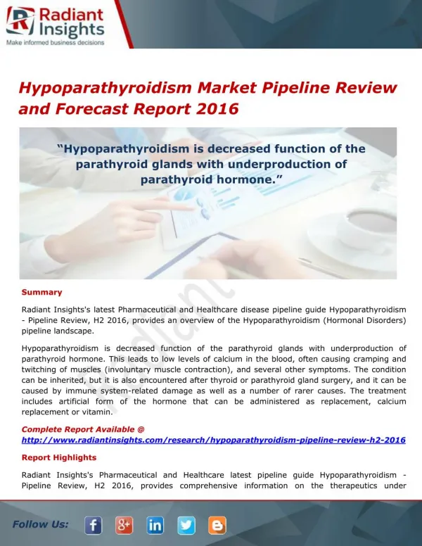 Hypoparathyroidism Market Growth, Trends, Analysis and Outlook 2016