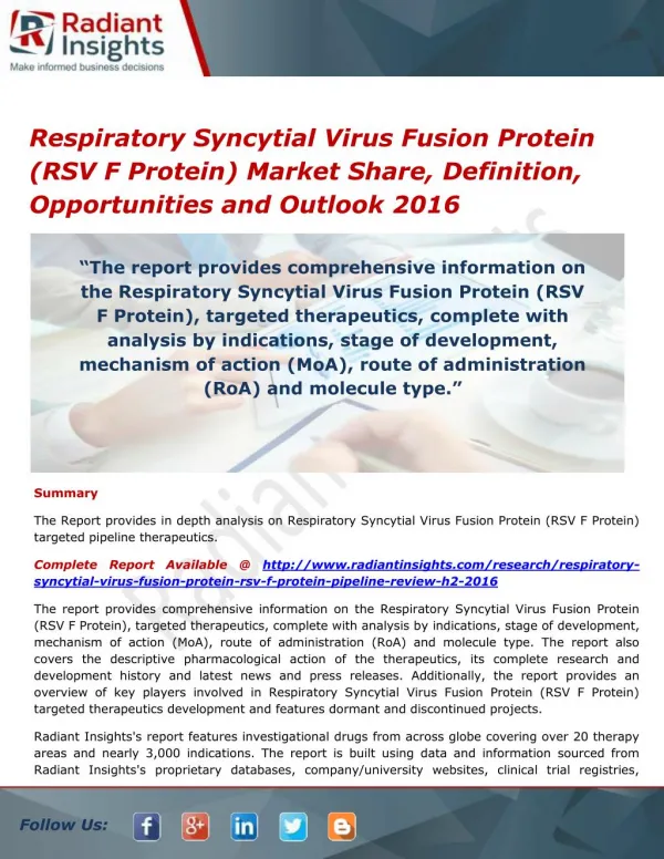 Respiratory Syncytial Virus Fusion Protein (RSV F Protein) Market Share and Trends Report 2016