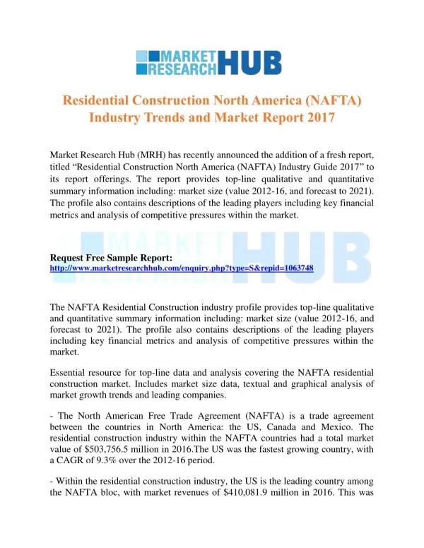 Residential Construction North America (NAFTA) Industry Trends and Market Report 2017