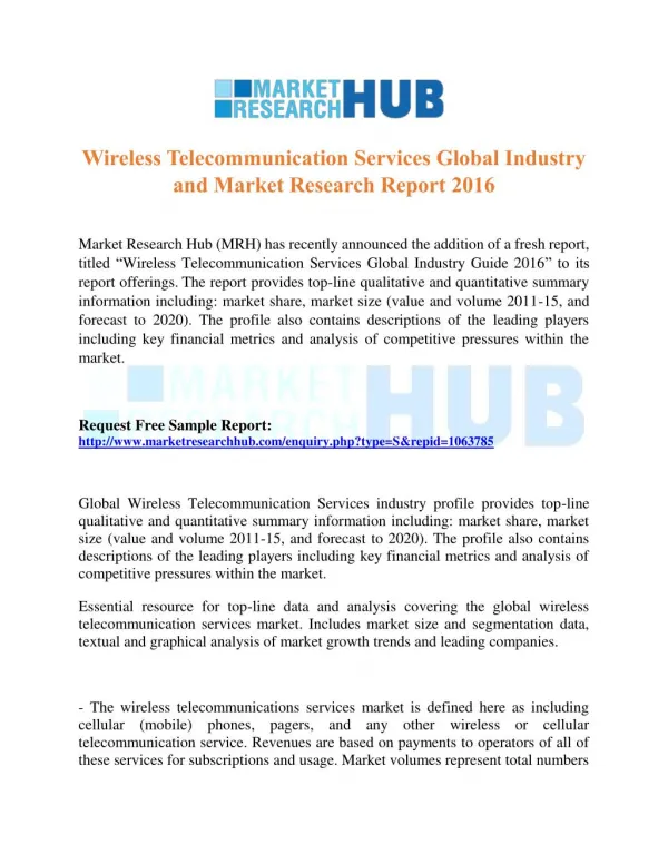 Wireless Telecommunication Services Global Industry and Market Research Report 2016