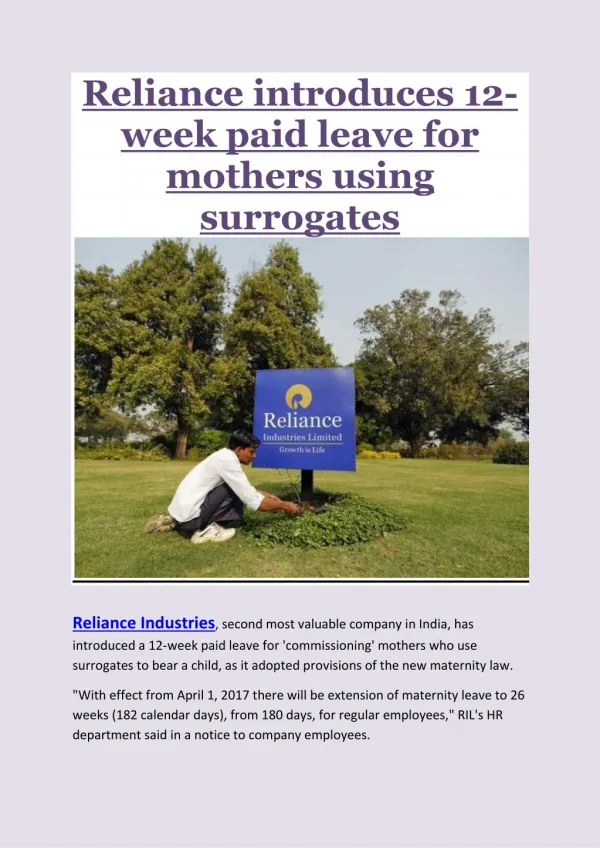 Reliance introduces 12 week paid leave for mothers using surrogates