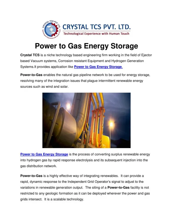 Power to Gas Energy Storage