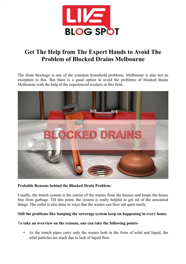 Get The Help from The Expert Hands to Avoid The Problem of Blocked Drains Melbourne