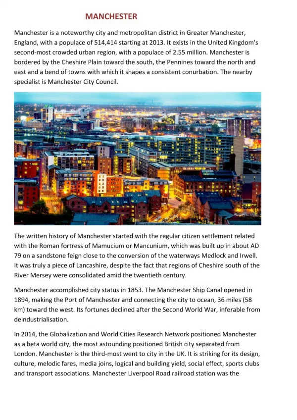 Manchester's History,Climate, governance, Economy,Education,Transport and Culture