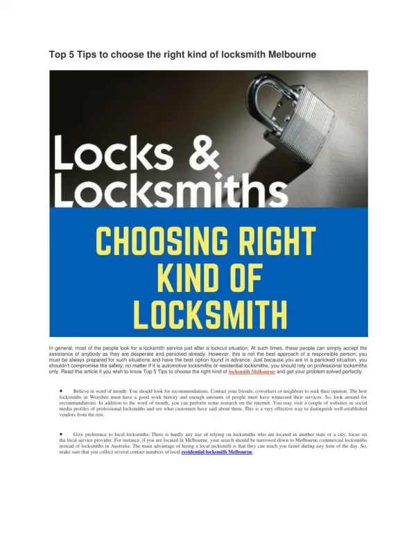 Top 5 Tips to choose the right kind of locksmith Melbourne