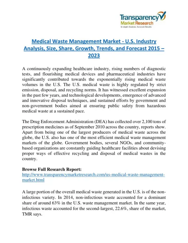 Medical Waste Management Market Research Report by Geographical Analysis and Forecast to 2023
