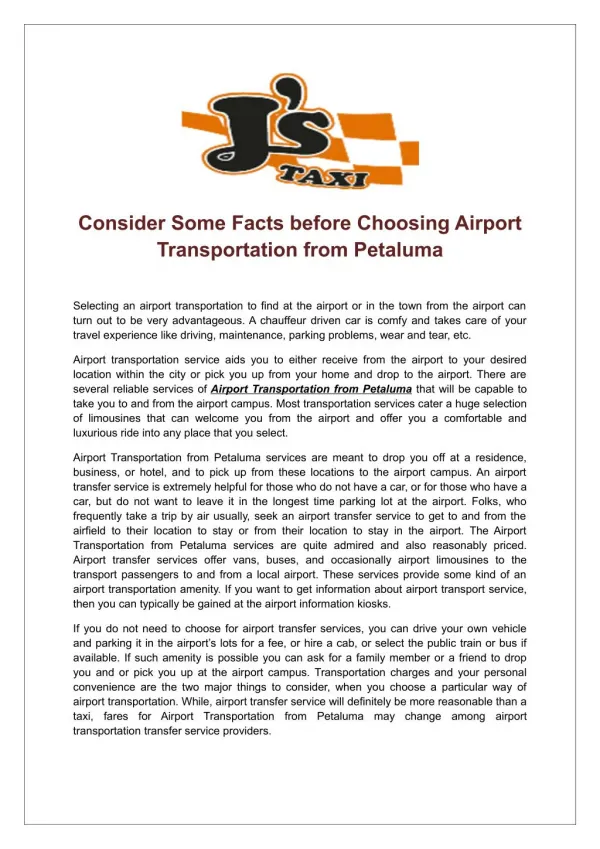 Consider Some Facts before Choosing Airport Transportation From Petaluma