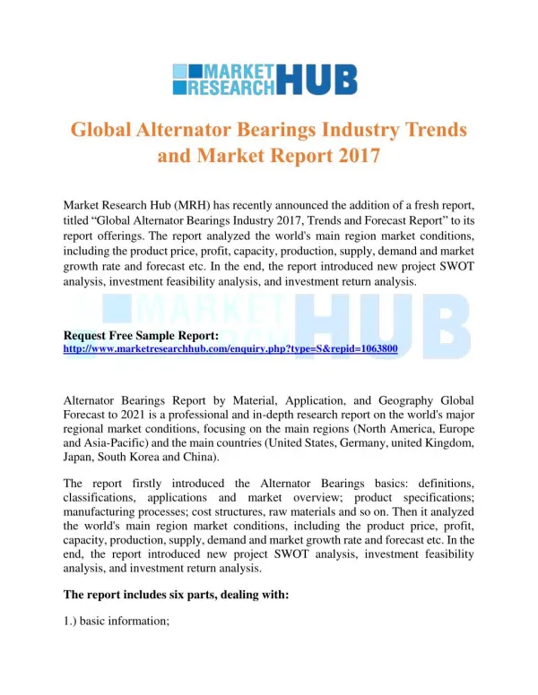 Global Alternator Bearings Industry Trends and Market Report 2017