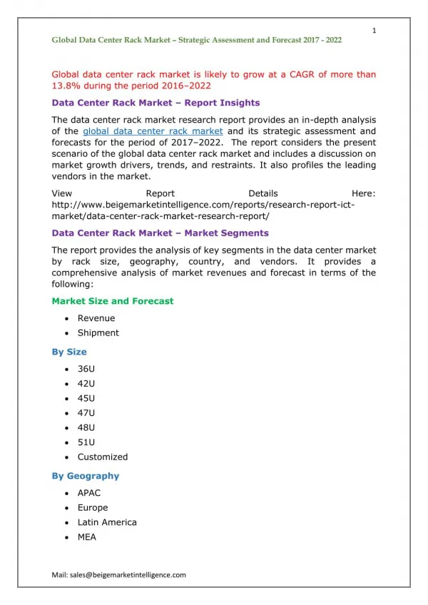 Global Data Center Rack Market - Strategic Assessment and Forecast 2017 -2022
