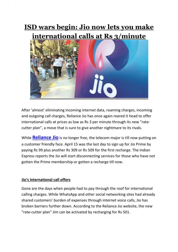 Isd wars begin jio now lets you make international calls at rs 3 minute
