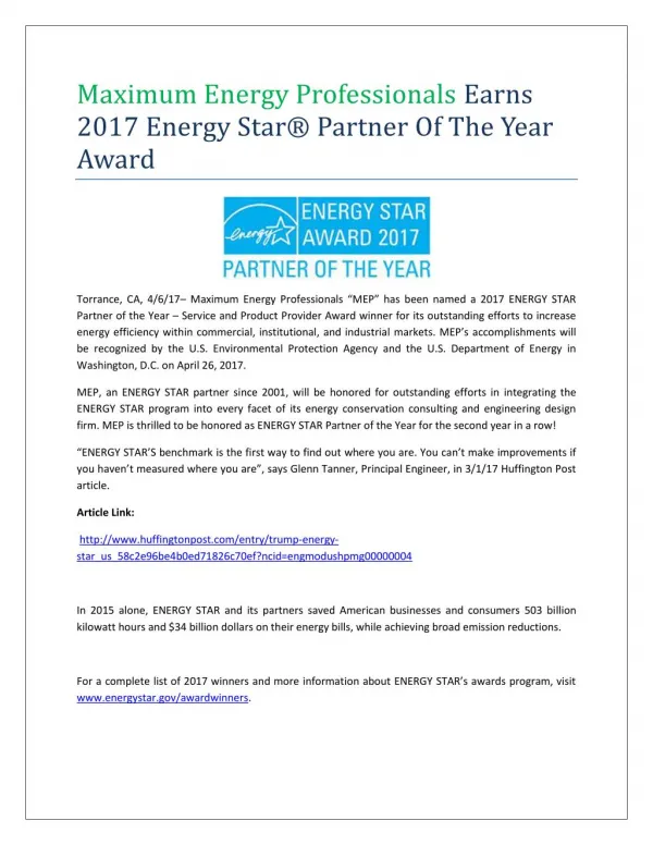 Maximum Energy Professionals Earns 2017 Energy Star Partner of the Award