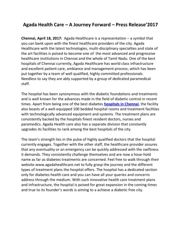 Agada Health Care – A Journey Forward – Press Release’2017