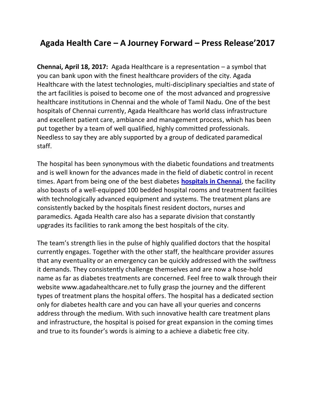 agada health care a journey forward press release