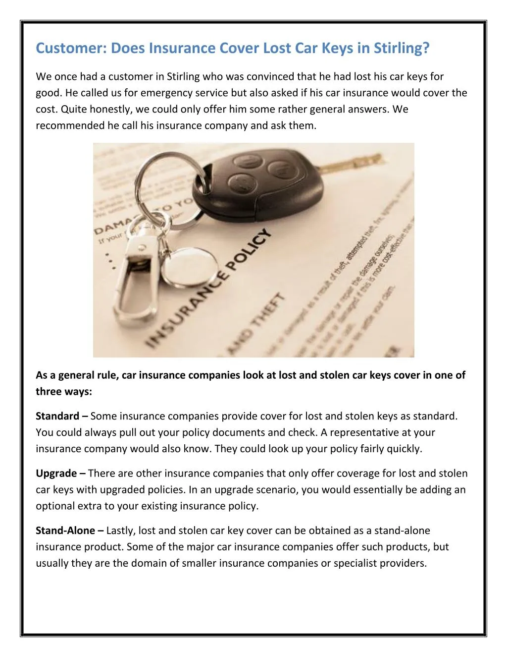 customer does insurance cover lost car keys