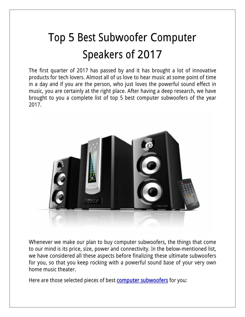 top5 best subwoofer computer speakersof 2017