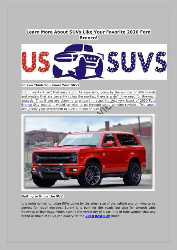 US SUV Reviews-Learn More About SUVs Like Your Favorite 2020 Ford Bronco!