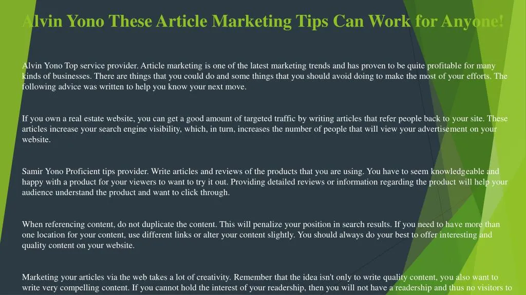 alvin yono these article marketing tips can work for anyone