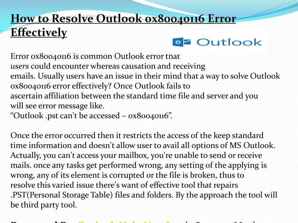 how to resolve outlook 0x80040116 error