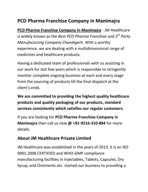 PCD Pharma Franchise Company in Manimajra