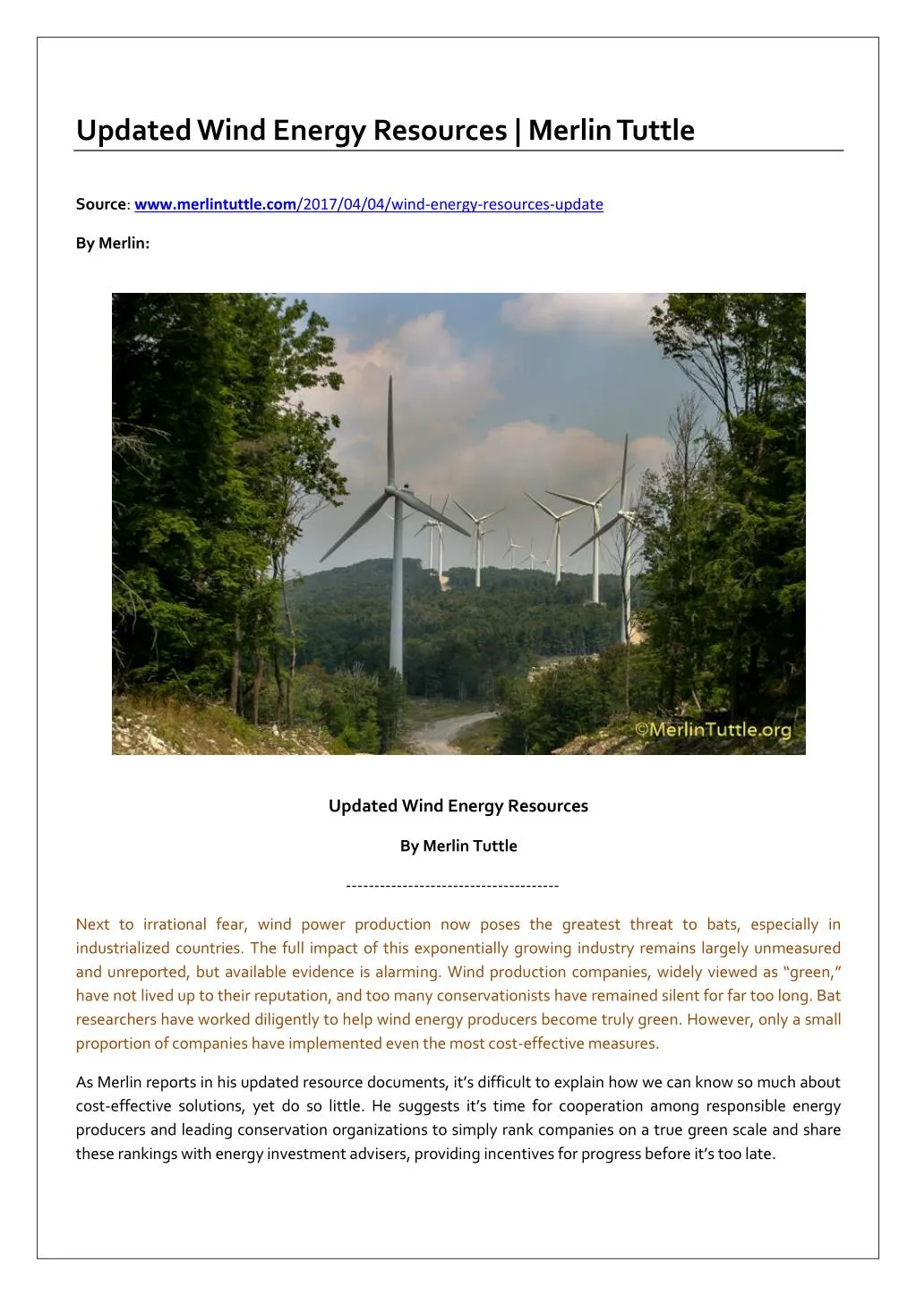 updated wind energy resources merlin tuttle