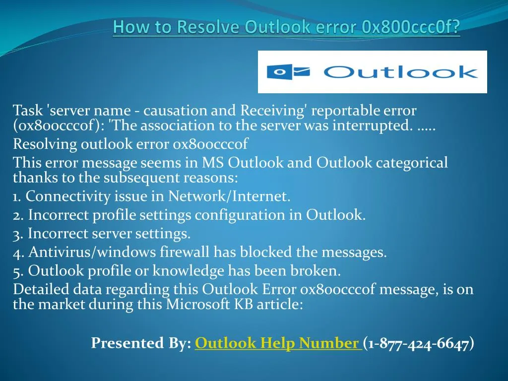 how to resolve outlook error 0x800ccc0f