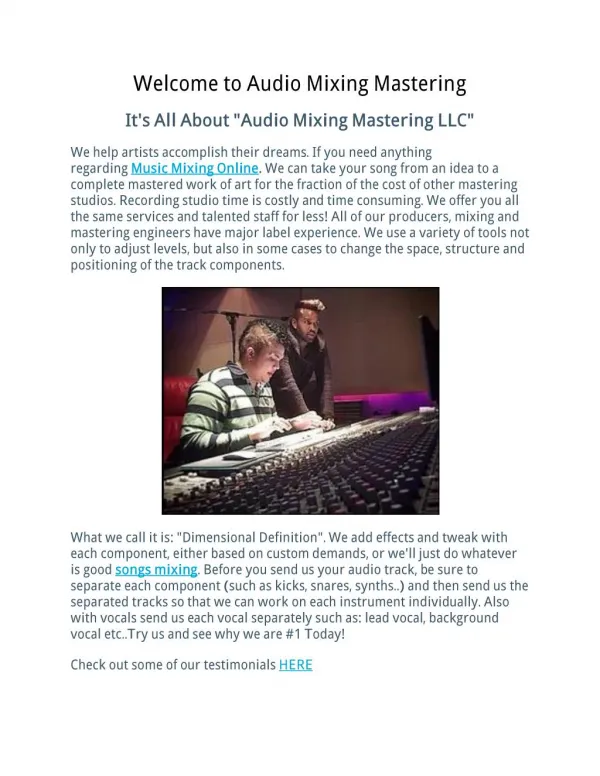 Welcome to Audio Mixing Mastering