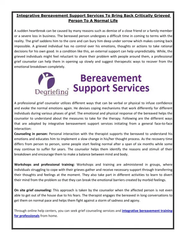 Integrative Bereavement Support Services To Bring Back Critically Grieved Person To A Normal Life