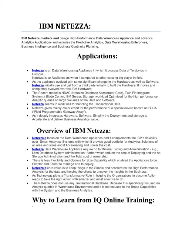 Learn IBM NETEZZA Online from our Experts and get Real-Time Guidance - IQ Online Training