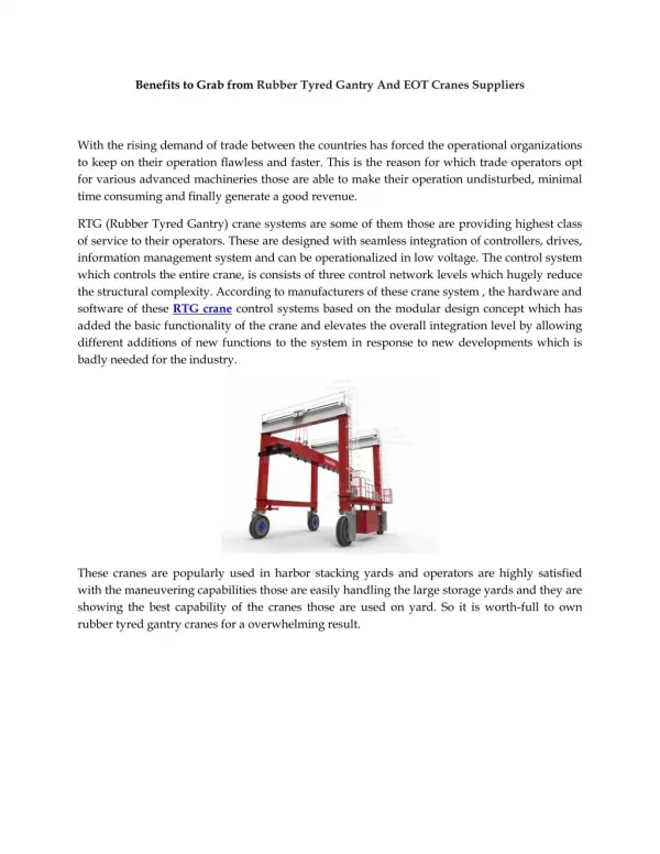 Benefits to Grab from Rubber Tyred Gantry And EOT Cranes Suppliers