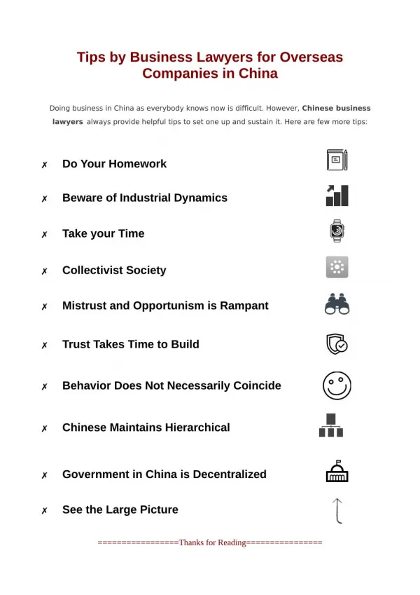 Tips by Business Lawyers for Overseas Companies in China