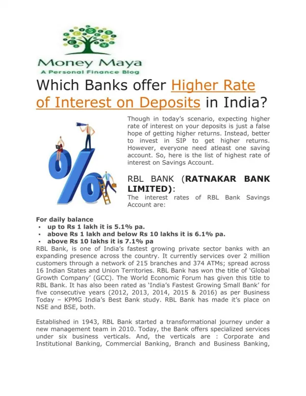 Higher Interest Rate on Deposits in India