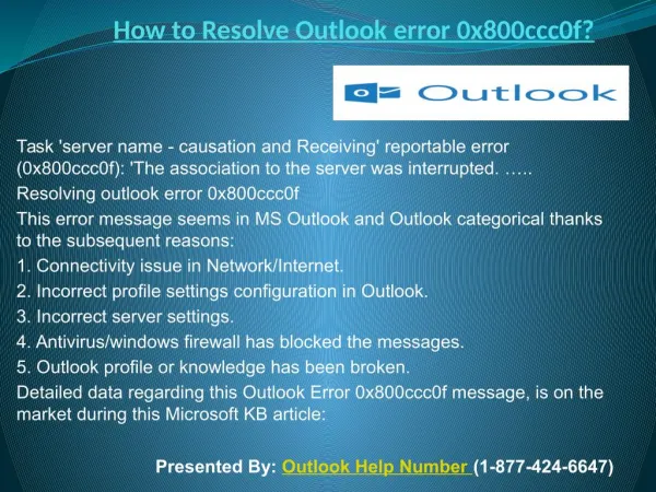 How to Resolve Outlook error 0x800ccc0f?