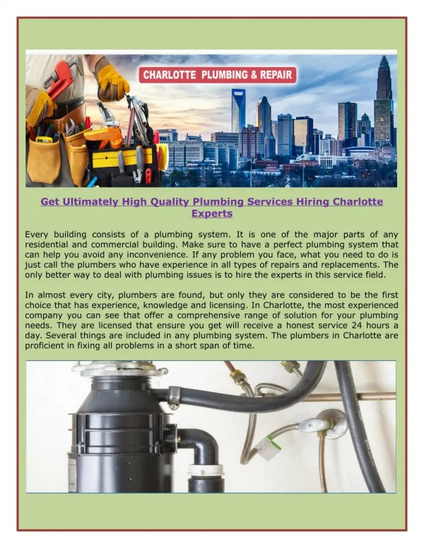 Get Ultimately High Quality Plumbing Services Hiring Charlotte Experts