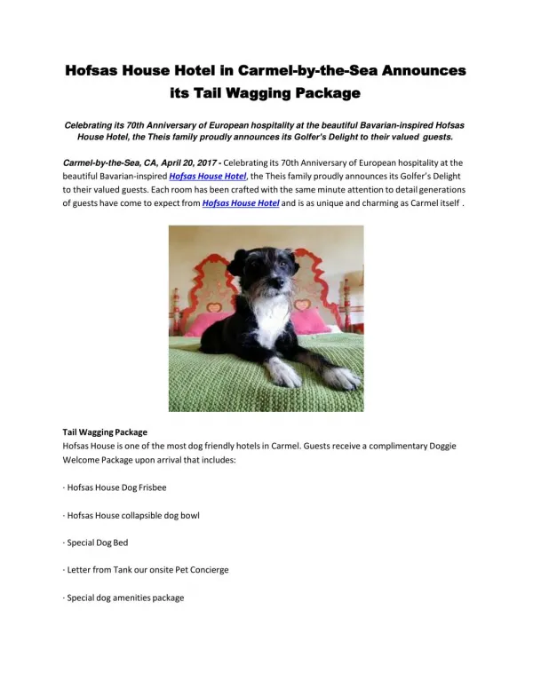 Hofsas House Hotel in Carmel-by-the-Sea Announces its Tail Wagging Package